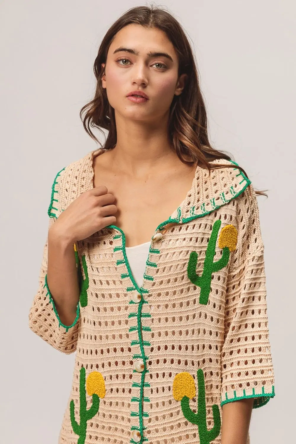 BiBi Edge Stitched Cactus Patch Sweater Cardigan Trendsi