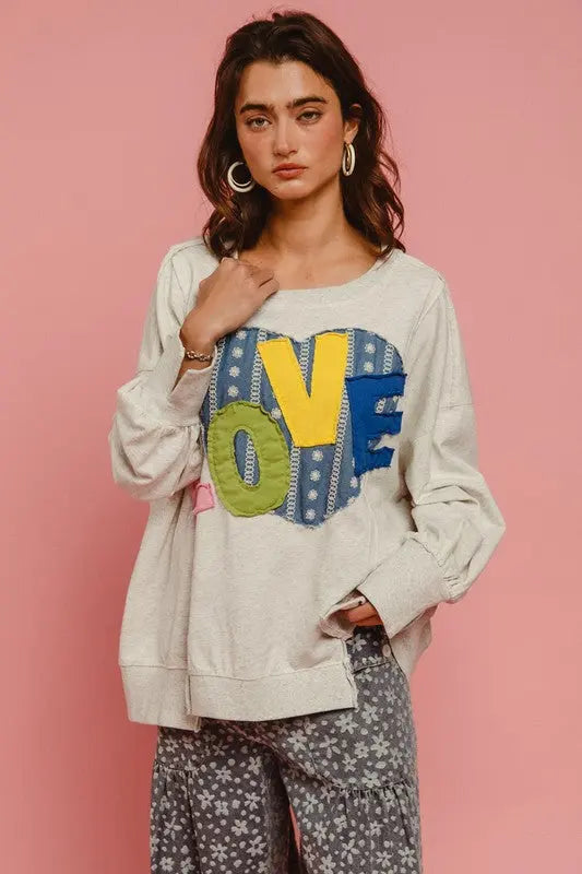 BiBi LOVE Heart Patch Slit French Terry Sweatshirt Trendsi