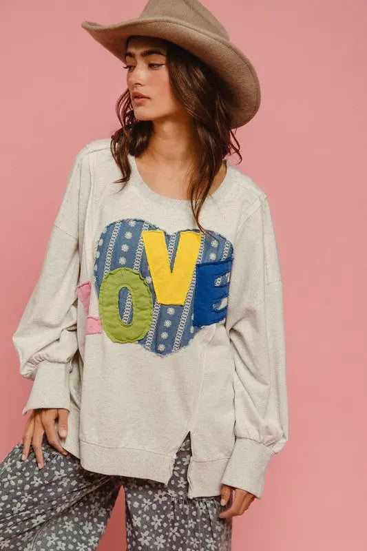 BiBi LOVE Heart Patch Slit French Terry Sweatshirt Trendsi