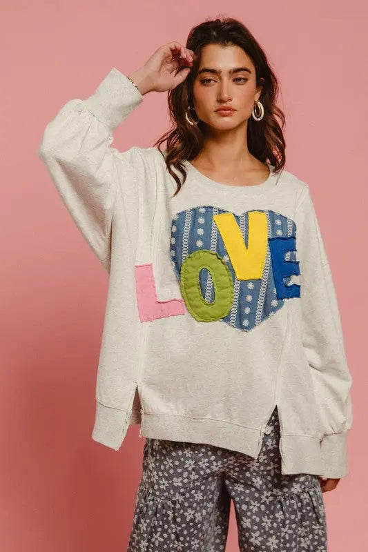 BiBi LOVE Heart Patch Slit French Terry Sweatshirt Trendsi