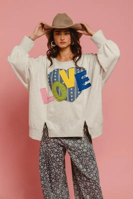 BiBi LOVE Heart Patch Slit French Terry Sweatshirt Trendsi