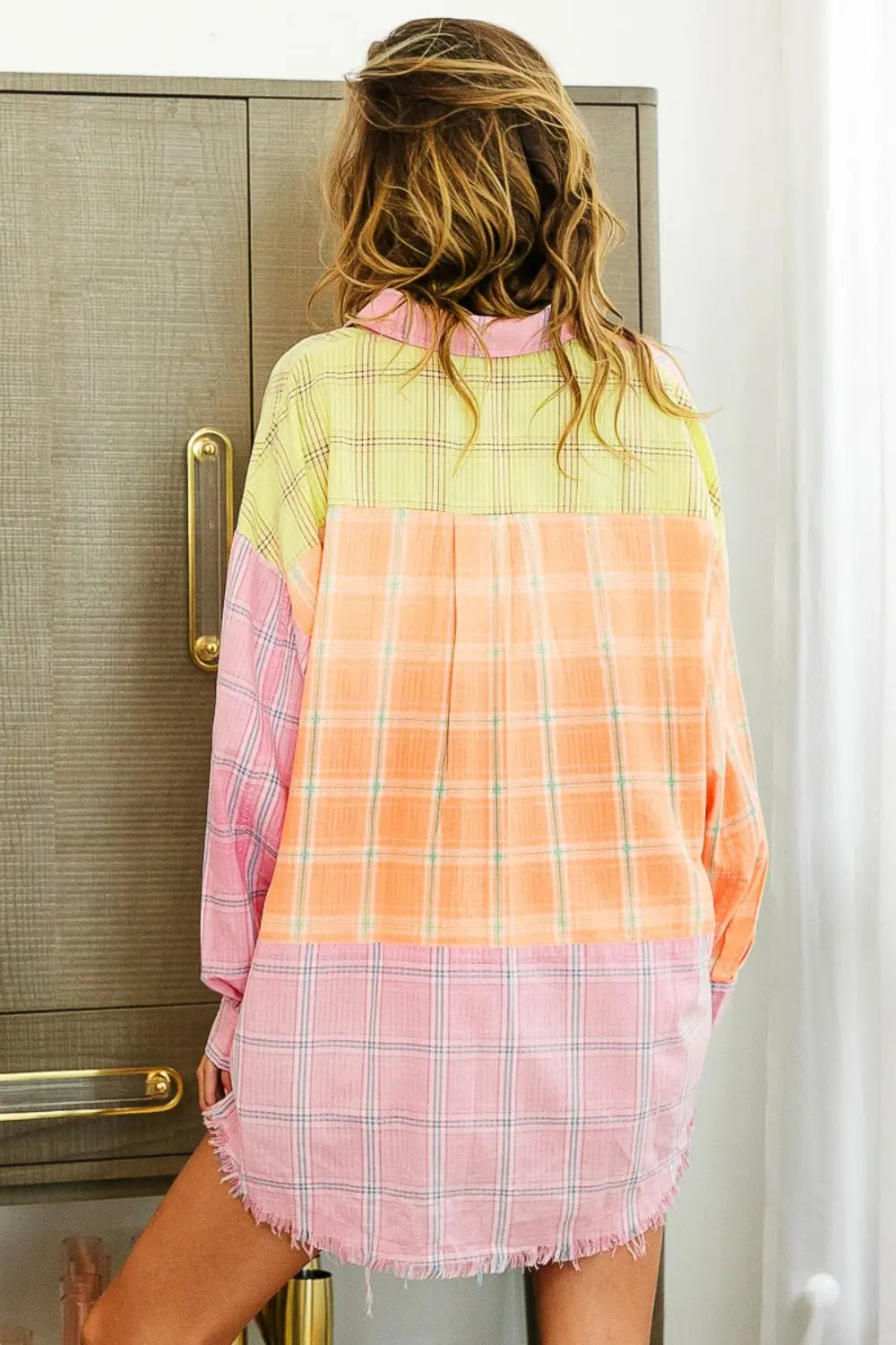 BiBi Plaid Color Block Raw Hem Shirt Trendsi