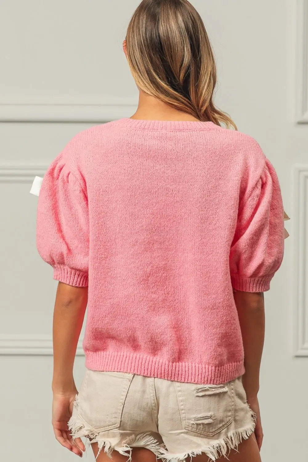 BiBi Ribbon Bow Detail Puff Sleeve Sweater Trendsi