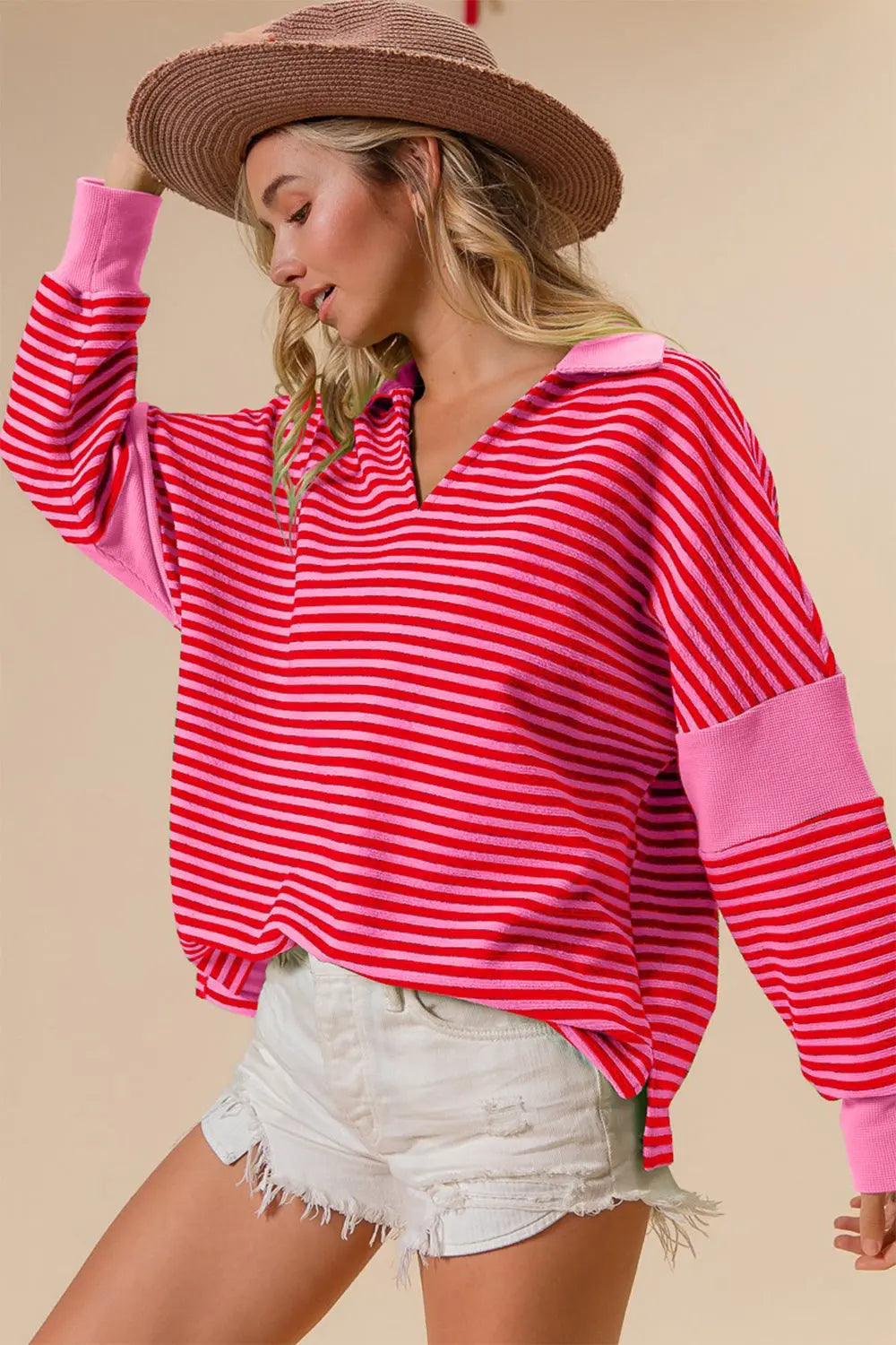 BiBi Striped Contrast Long Sleeve Knit Top Trendsi