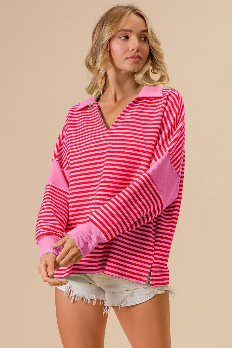 BiBi Striped Contrast Long Sleeve Knit Top Trendsi