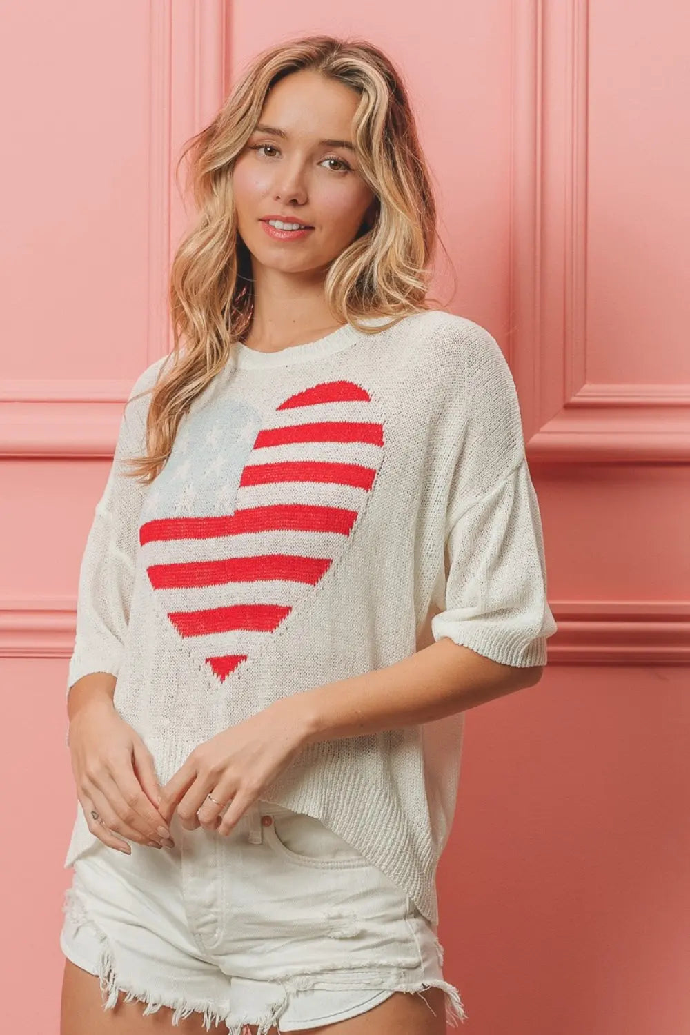 BiBi Striped Heart Contrast Knit Top Trendsi