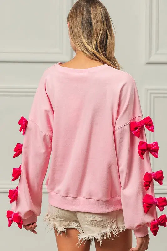 BiBi Velvet Ribbon Bows Long Sleeve Round Neck Sweatshirt Trendsi