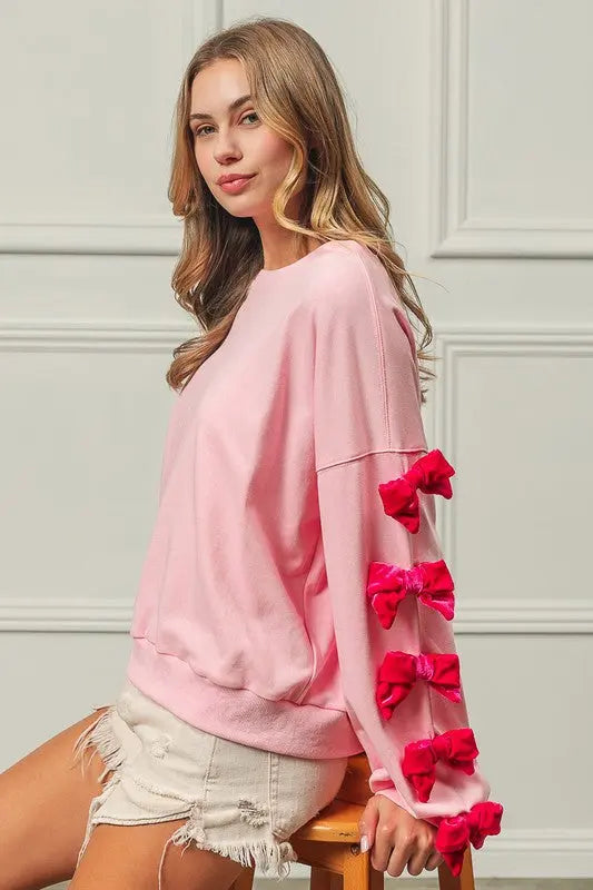 BiBi Velvet Ribbon Bows Long Sleeve Round Neck Sweatshirt Trendsi