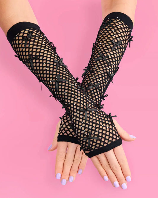 Blackout Gloves - fishnet bow gloves xo, Fetti