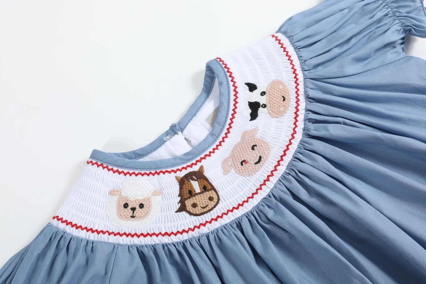 Blue Farm Animal Smocked Bishop Dress Lil Cactus