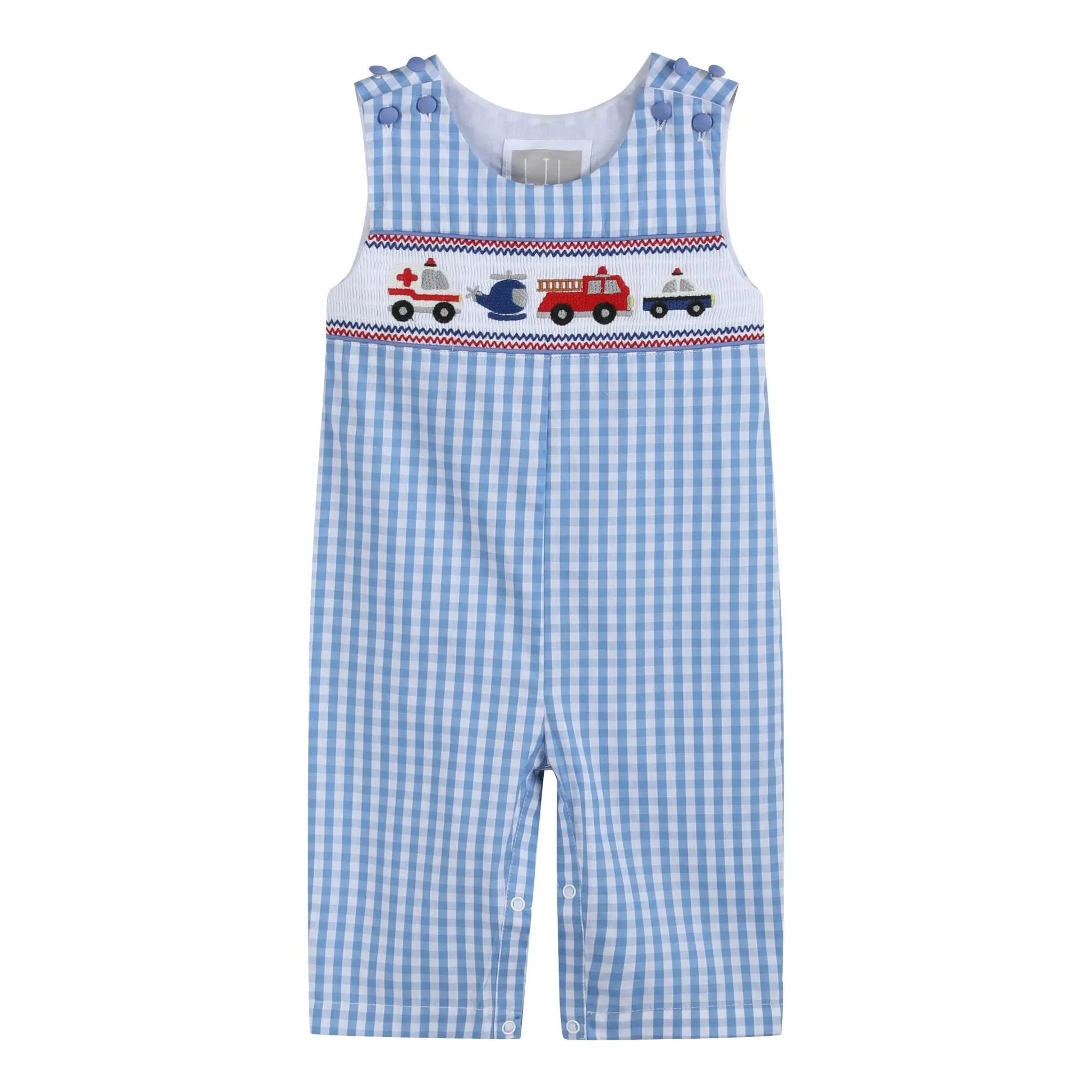 Blue Gingham Emergency Vehicles Smocked Overalls Lil Cactus