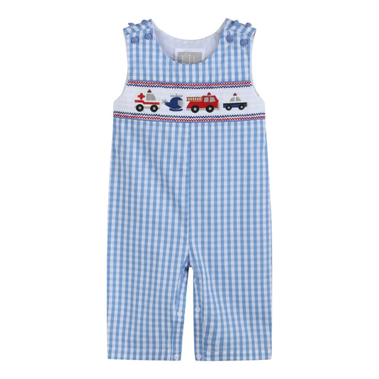 Blue Gingham Emergency Vehicles Smocked Overalls Lil Cactus