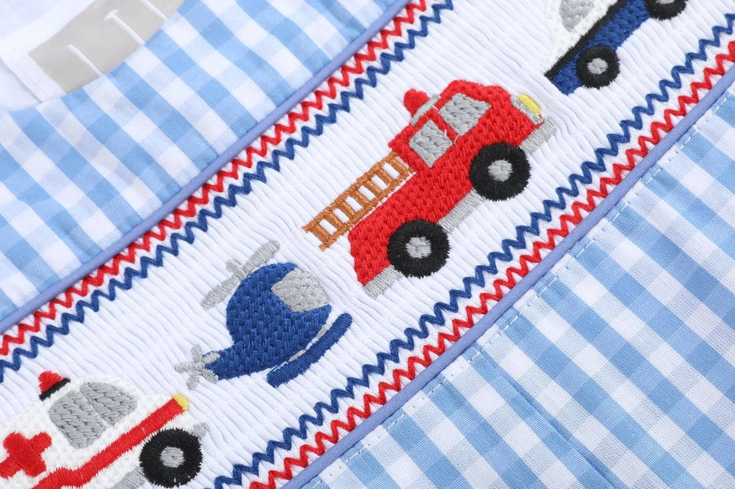 Blue Gingham Emergency Vehicles Smocked Overalls Lil Cactus