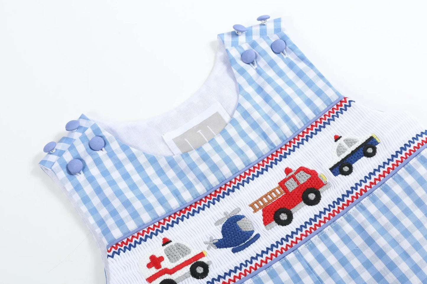 Blue Gingham Emergency Vehicles Smocked Overalls Lil Cactus