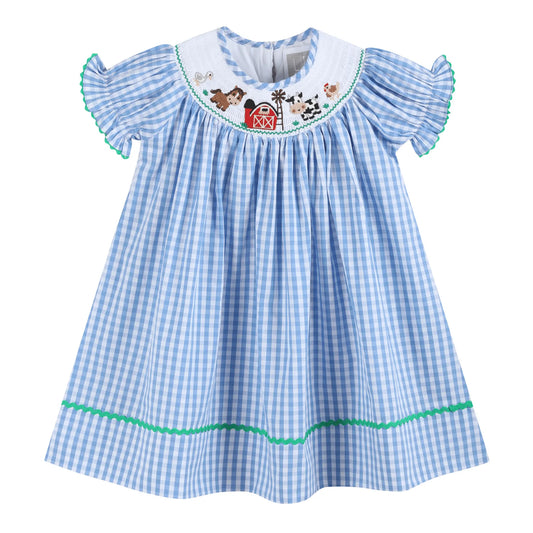 Blue Gingham Farm Smocked Bishop Dress Lil Cactus