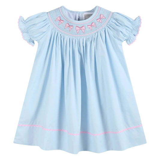Blue and Pink Bow Smocked Bishop Dress Lil Cactus