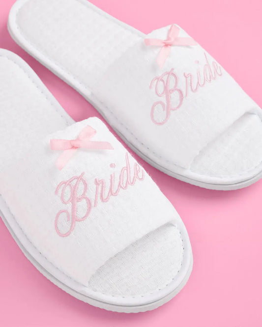 Bride Spa Slippers - white embroidered waffle slippers xo, Fetti