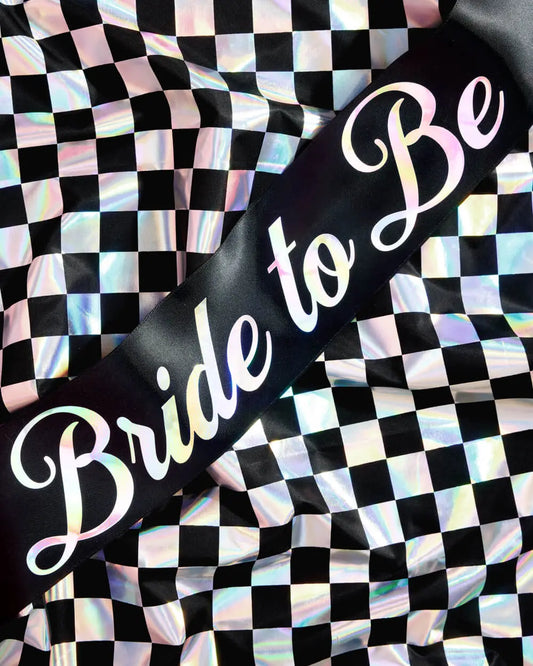 Bride or Die Sash - black silk + iridescent foil xo, Fetti