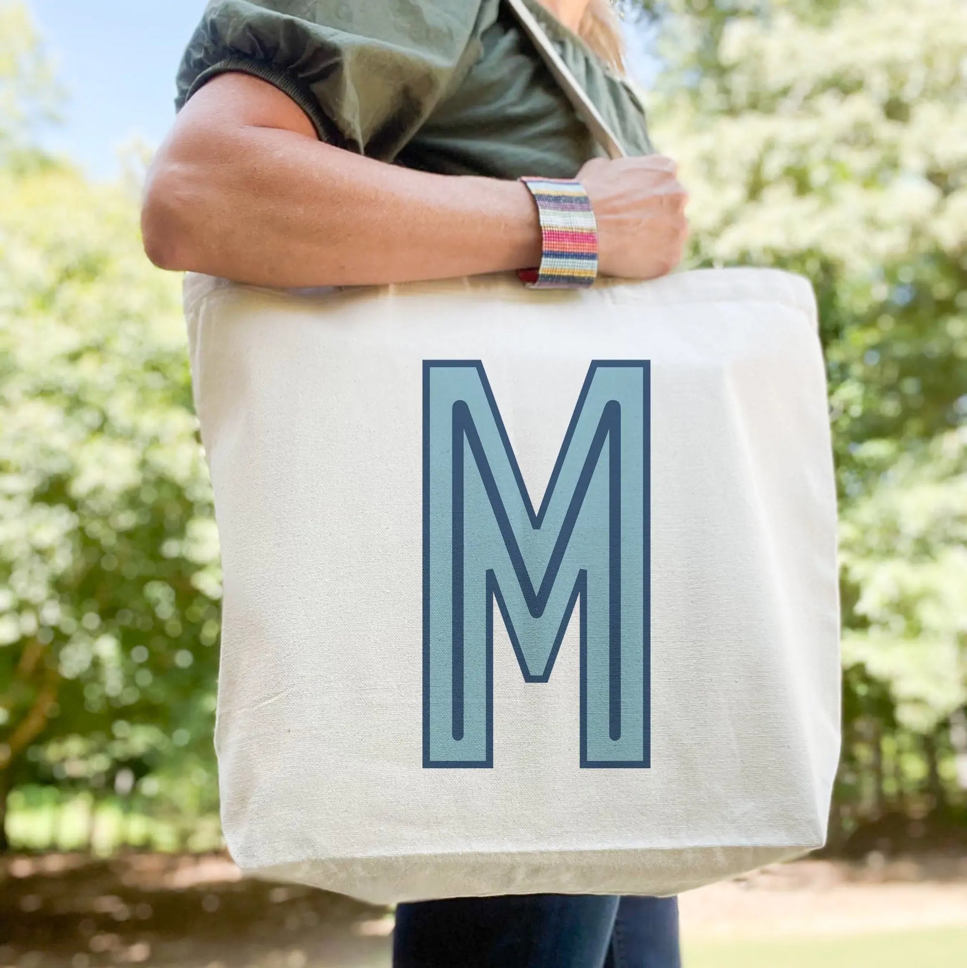 Canvas Tote - Single Initial - Light Blue Navy - NEW! CB Studio