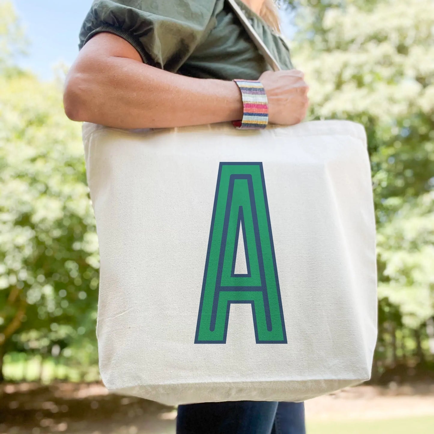 Canvas Tote - Single Initial - Navy Green - NEW! CB Studio