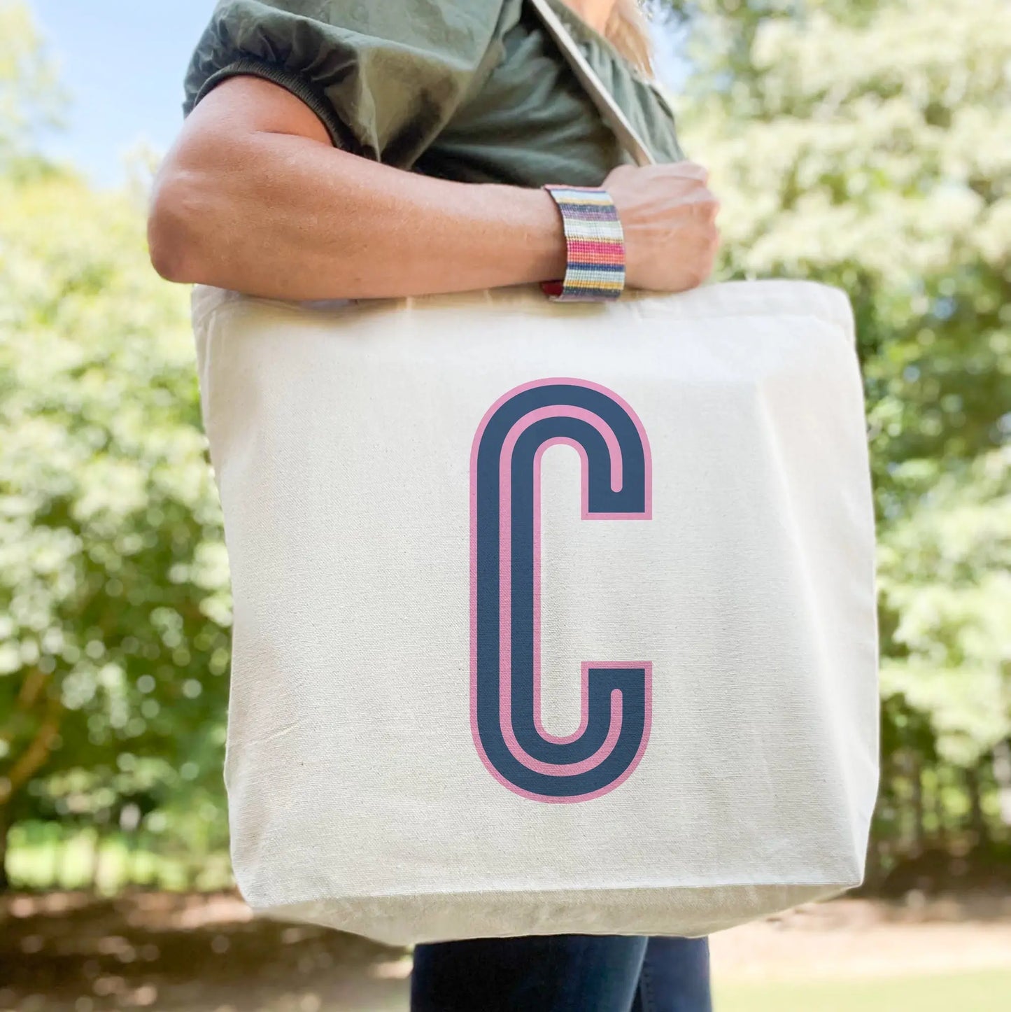 Canvas Tote - Single Initial - Navy Pink - NEW! CB Studio