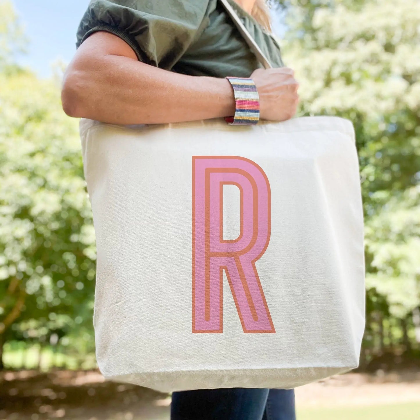 Canvas Tote - Single Initial - Pink Orange - NEW! CB Studio