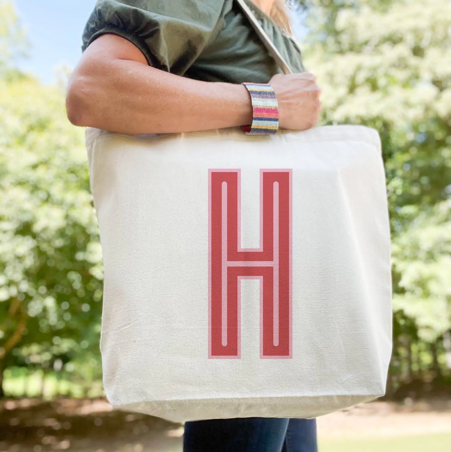 Canvas Tote - Single Initial - Red Pink - NEW! CB Studio