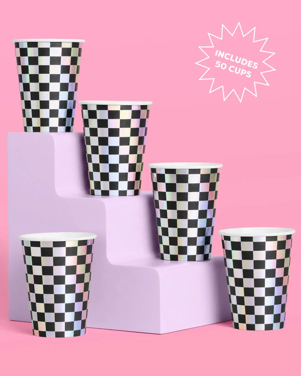 Checked Out Cups - 50 iridescent 12oz cups xo, Fetti