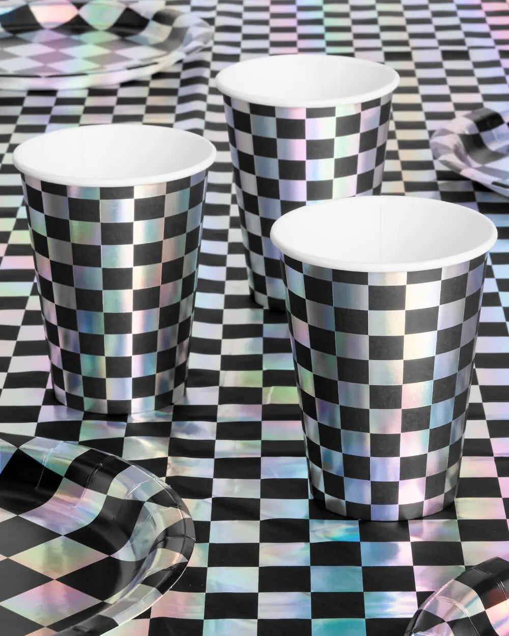 Checked Out Cups - 50 iridescent 12oz cups xo, Fetti