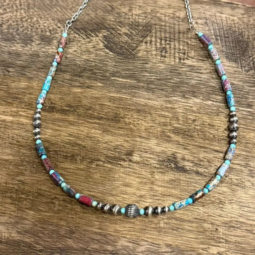 Corrugated Silver Pearl and Jasper Barrel Bead Necklace Wild Junkie