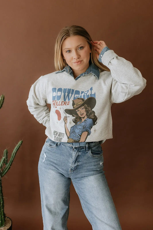 Cowgirl Killers V-Neck Raw Hem Graphic Sweatshirt Wild Junkie