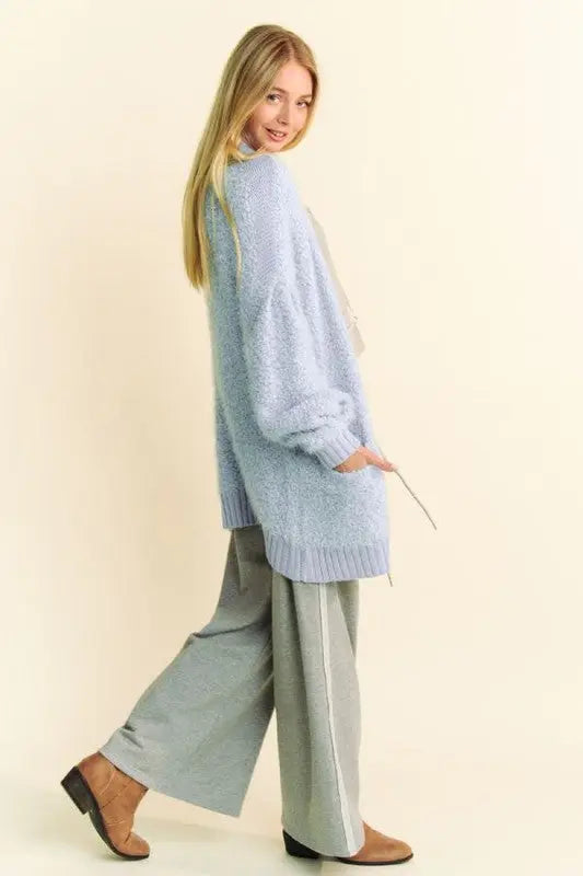 Davi & Dani Ribbed Hem Button Up Long Sleeve Cardigan Trendsi