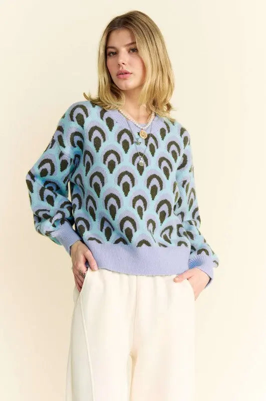 Davi & Dani Scale Jacquard Round Neck Drop Shoulder Sweater Trendsi