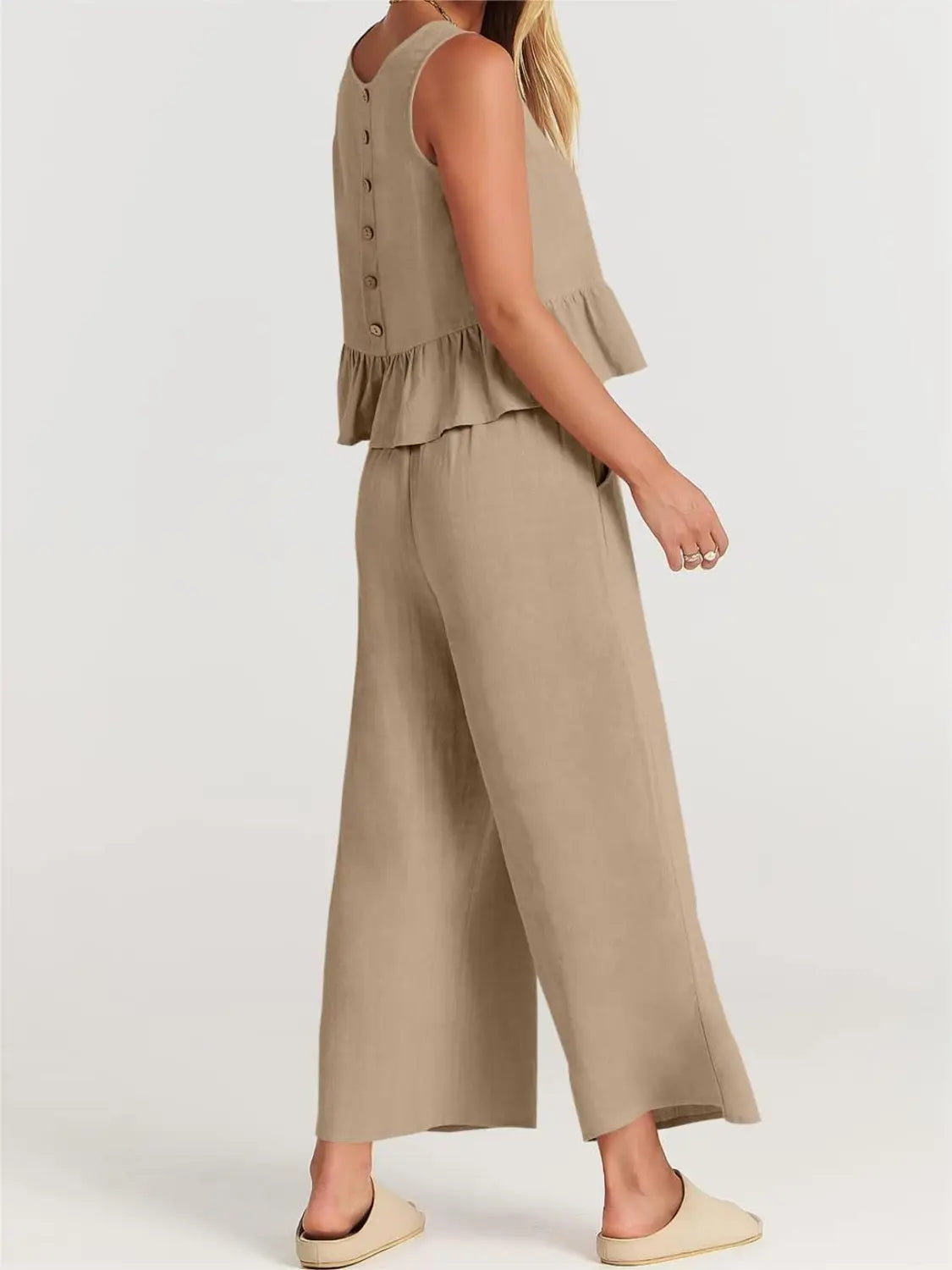 Full Size Round Neck Top and Wide Leg Pants Set Trendsi