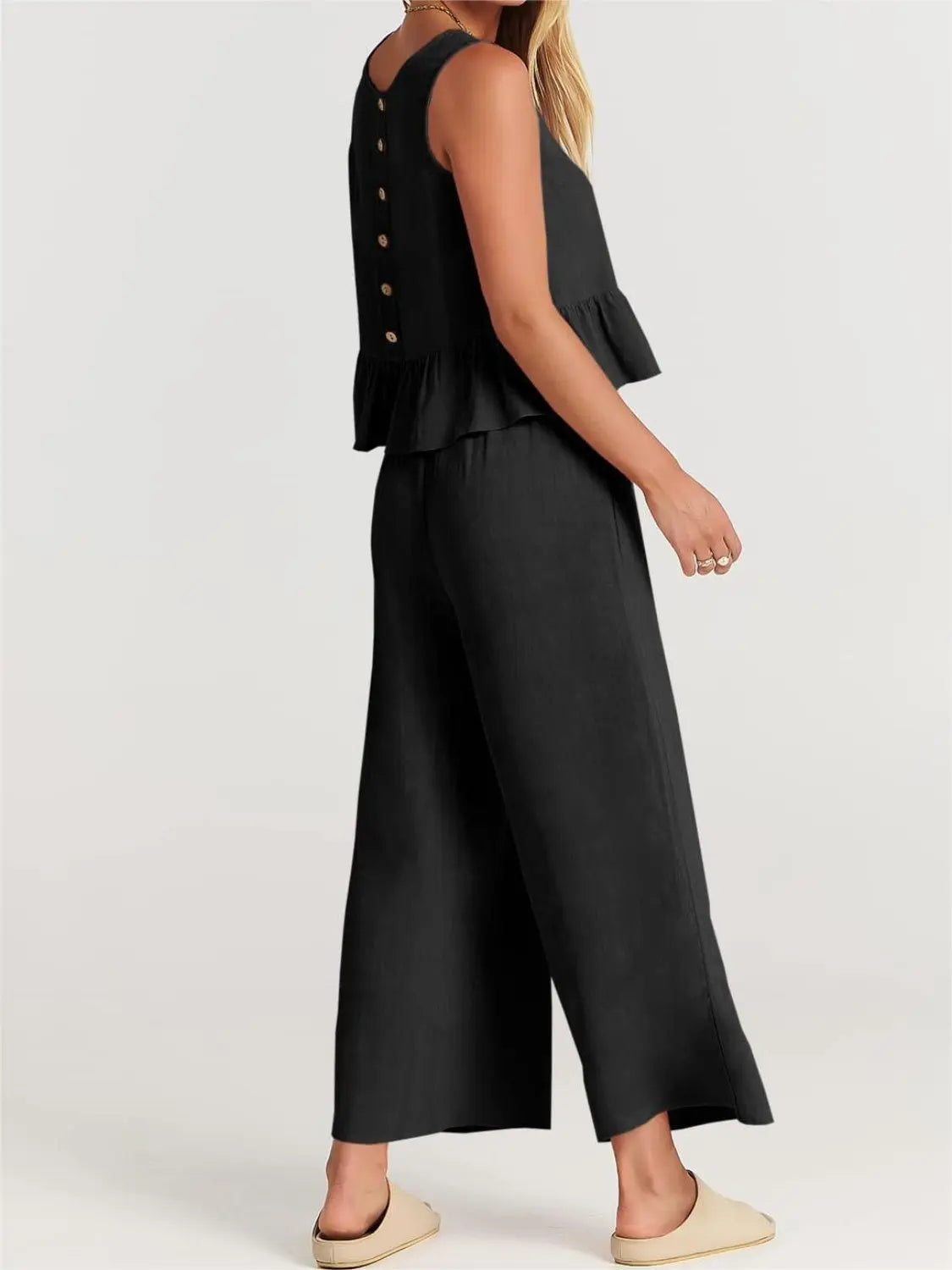Full Size Round Neck Top and Wide Leg Pants Set Trendsi