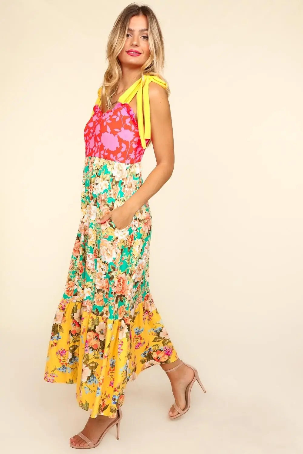 Haptics Floral Color Block Maxi Dress with Pockets Trendsi