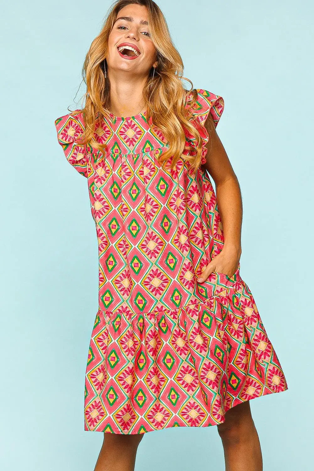 Haptics Full Size Ruffled Printed Dress with Side Pockets Trendsi