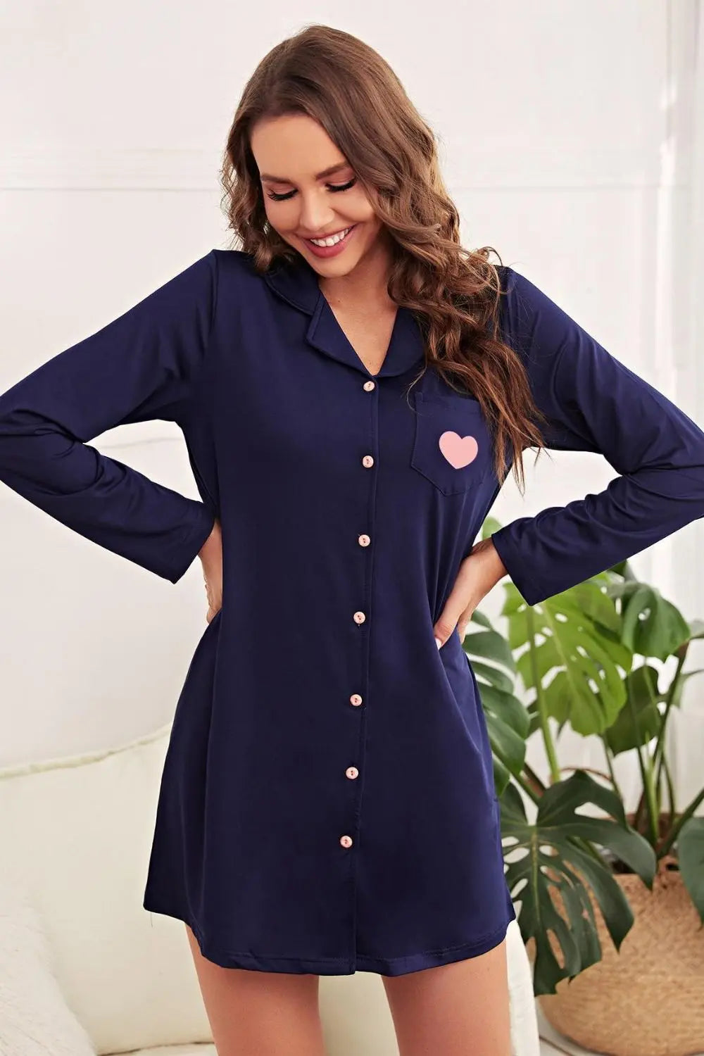 Heart Graphic Lapel Collar Night Shirt Dress Trendsi