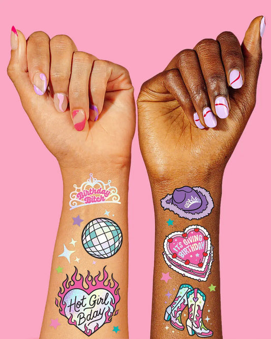 Hot Girl Bday Tats - 44 foil temporary tattoos xo, Fetti