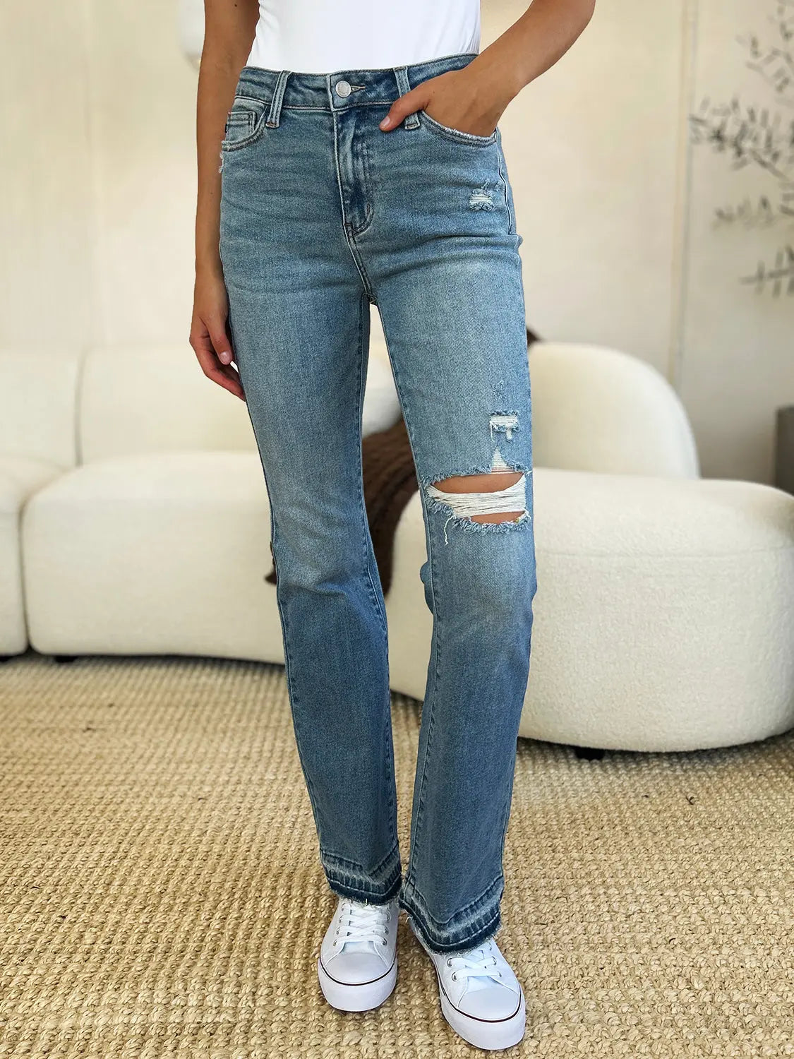 Judy Blue Full Size Mid Rise Destroyed Hem Distressed Jeans Trendsi