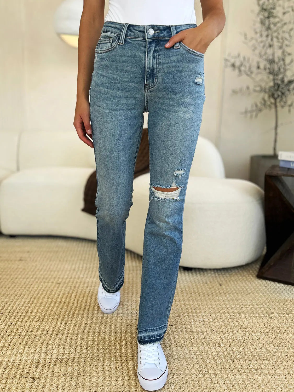 Judy Blue Full Size Mid Rise Destroyed Hem Distressed Jeans Trendsi
