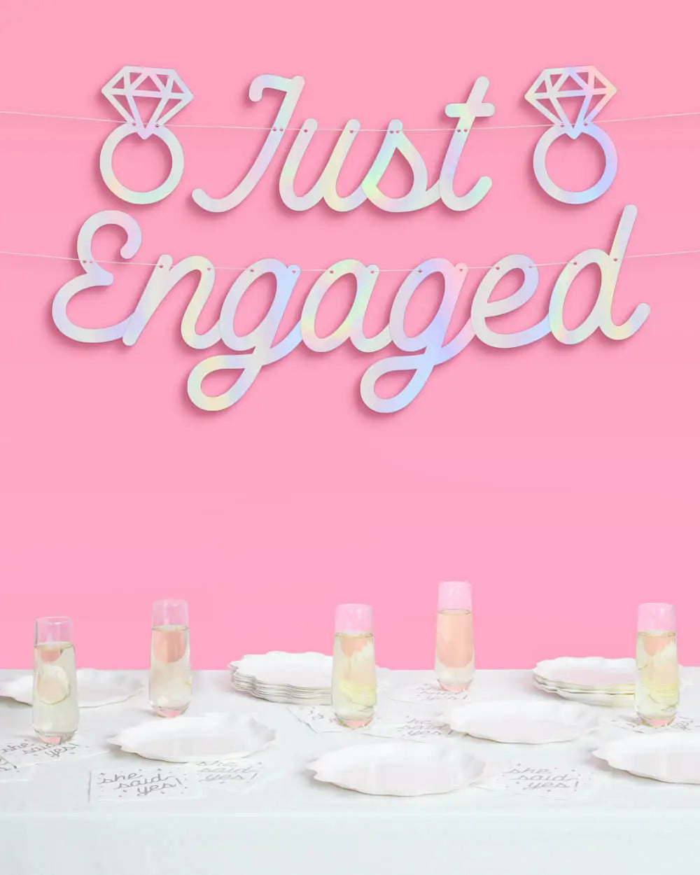 Just Engaged Banner - iridescent foil banner xo, Fetti