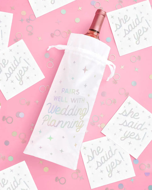 Just Engaged Wine Bag - white satin bottle bag xo, Fetti