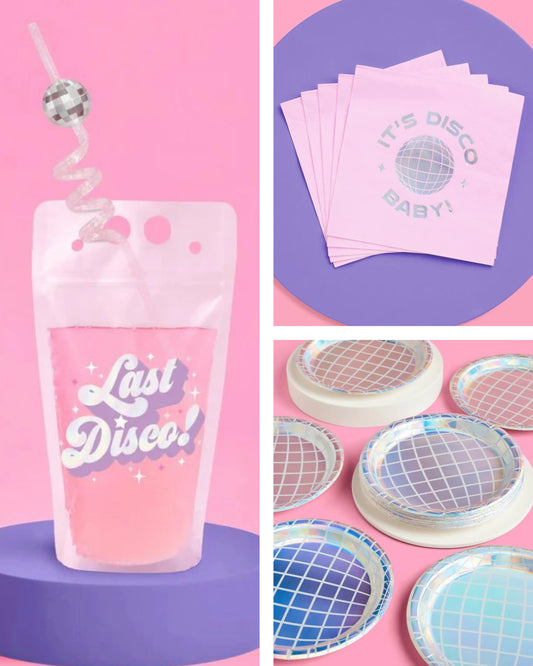 Last Disco Starter Pack - plates, napkins + drink pouches xo, Fetti