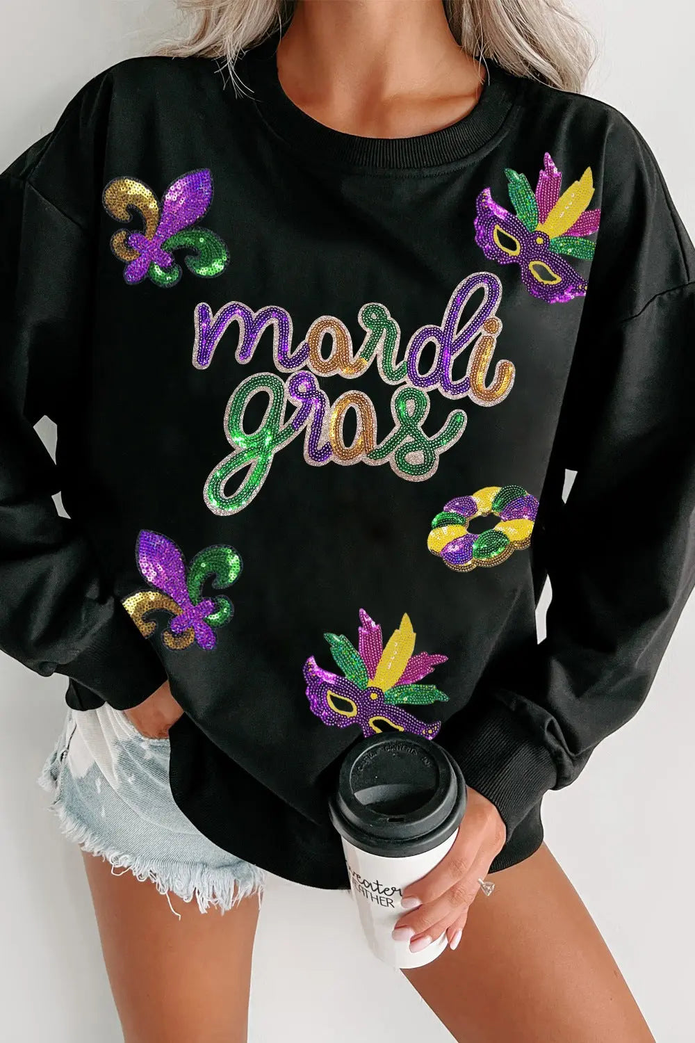 MARDI GRAS Sequin Round Neck Sweatshirt Trendsi