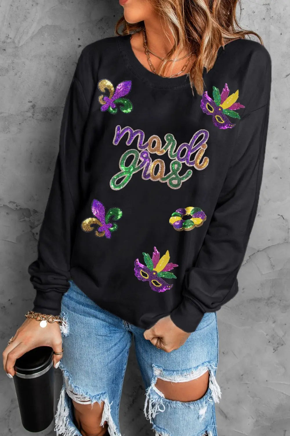 MARDI GRAS Sequin Round Neck Sweatshirt Trendsi