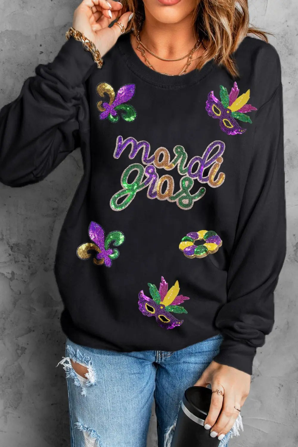 MARDI GRAS Sequin Round Neck Sweatshirt Trendsi