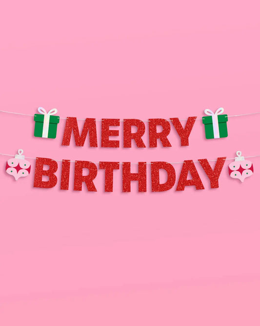 Merry Bday Banner - red glitter banner xo, Fetti