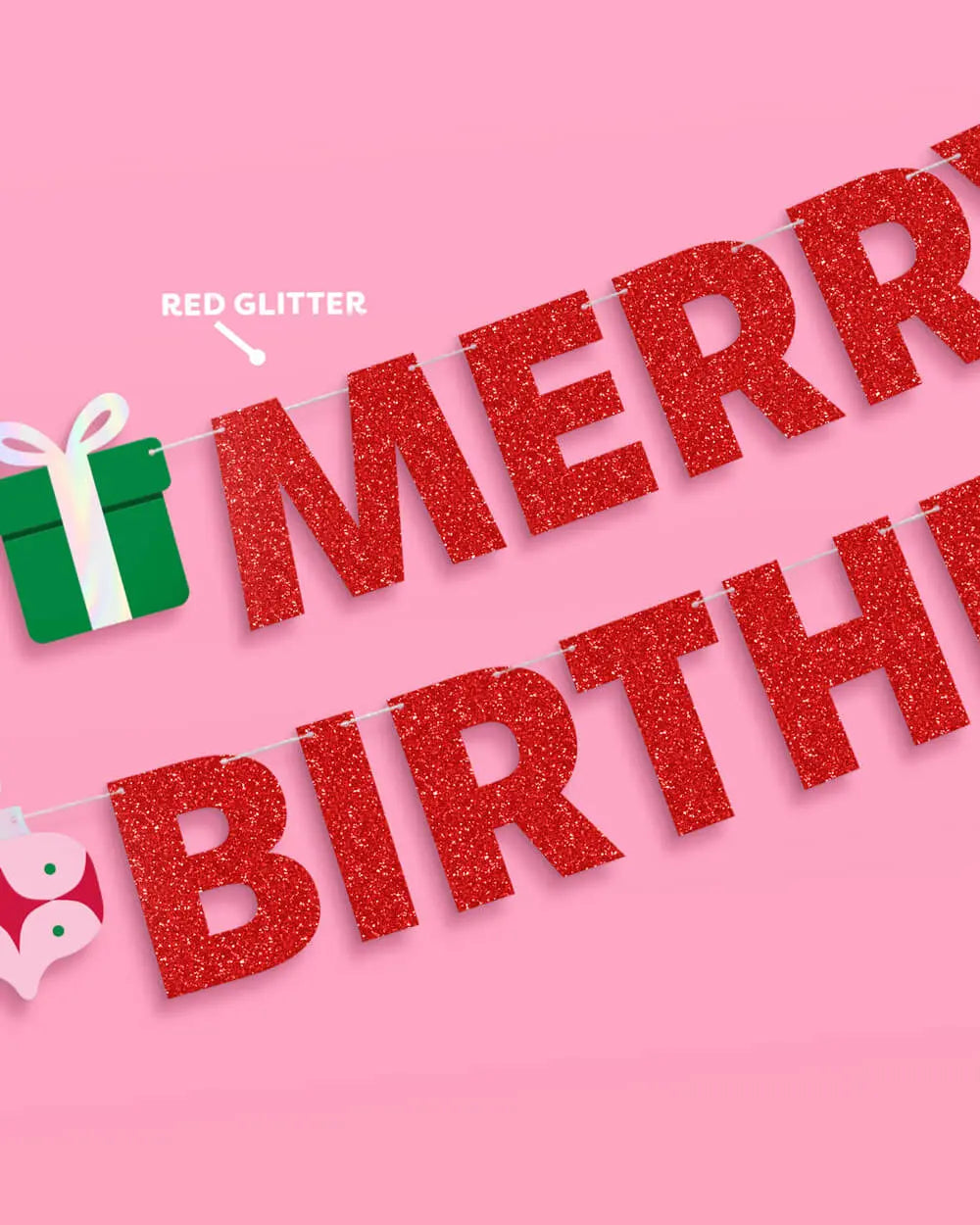 Merry Bday Banner - red glitter banner xo, Fetti
