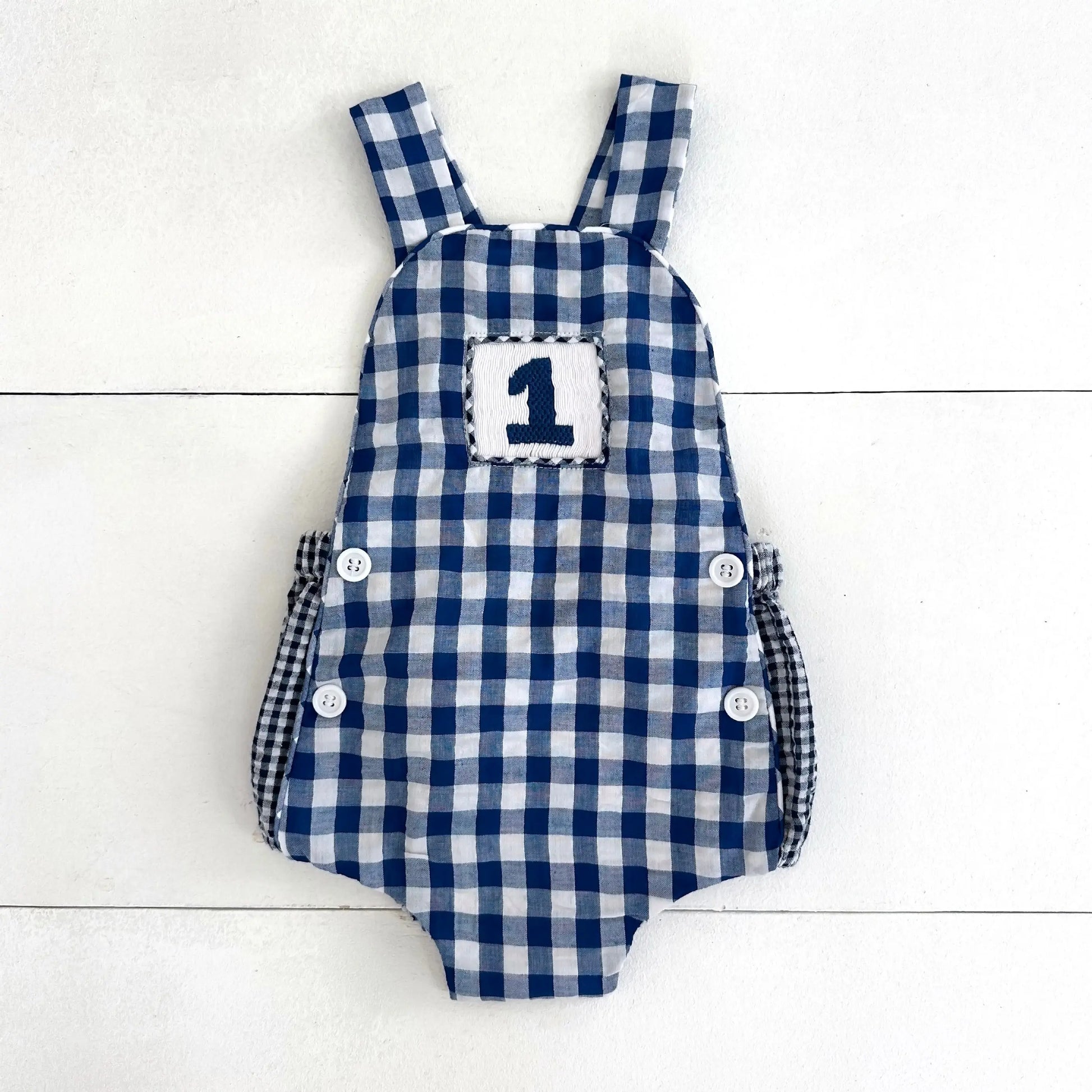 Navy Blue Smocked First Birthday Sunsuit - Latchkey 